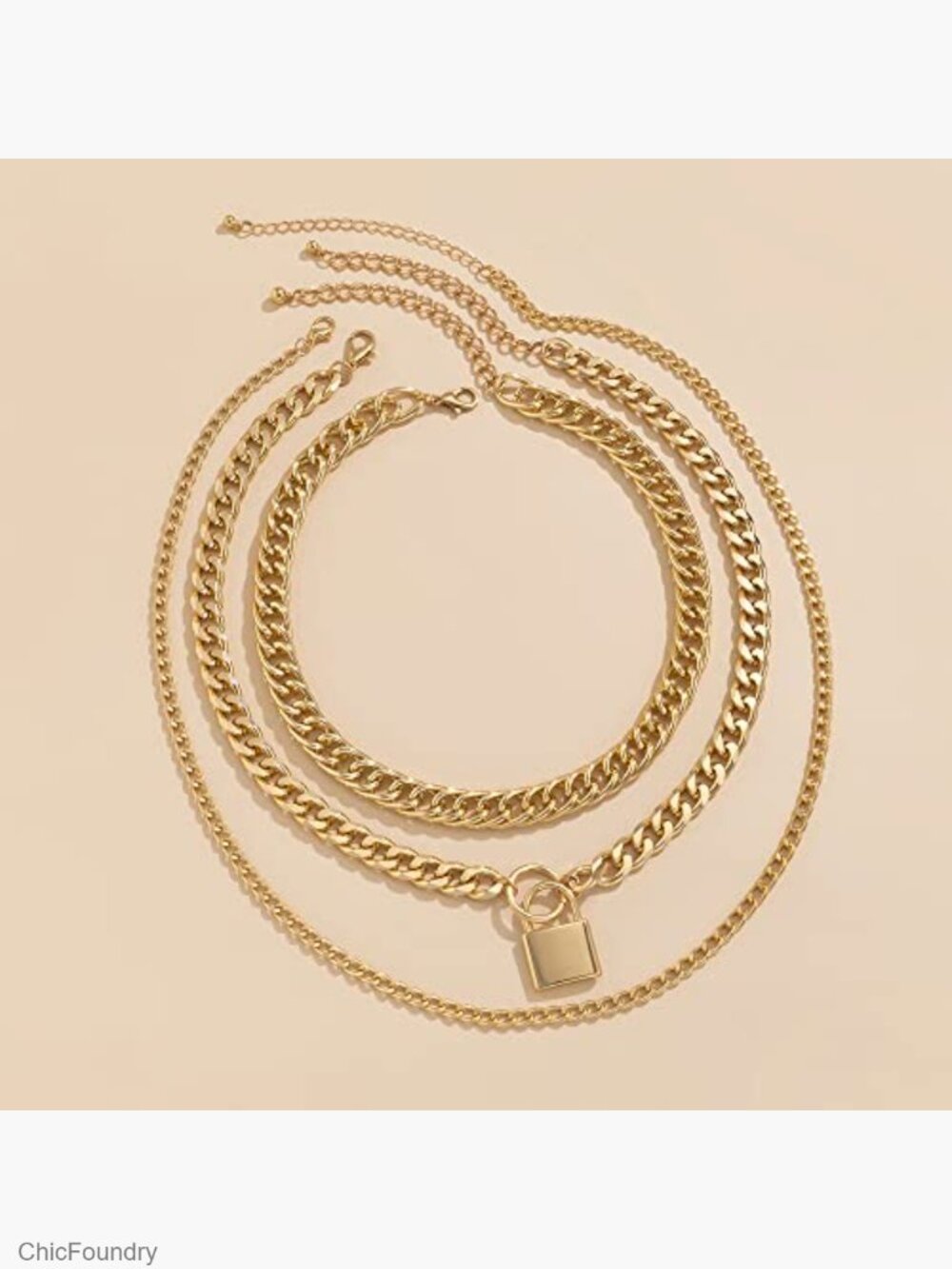 Layered Cuban Chain Choker Necklace Set with Lock Pendant - Picture 4 of 7